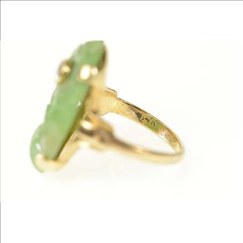 14K Ornate Carved Floral Jade Diamond Cocktail Yellow Gold Ring, Size 3