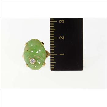 14K Ornate Carved Floral Jade Diamond Cocktail Yellow Gold Ring, Size 3