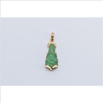 14K Ornate Carved Jade Chinese Buddha Yellow Gold Pendant