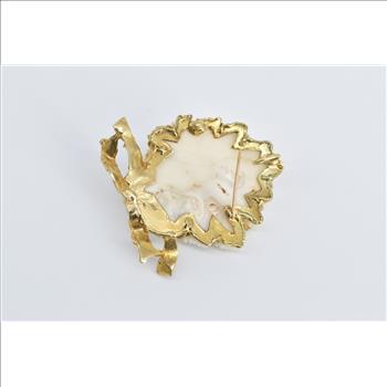 14K Ornate Carved Stone Agate Bird Dove Branch Yellow Gold Pin/Brooch