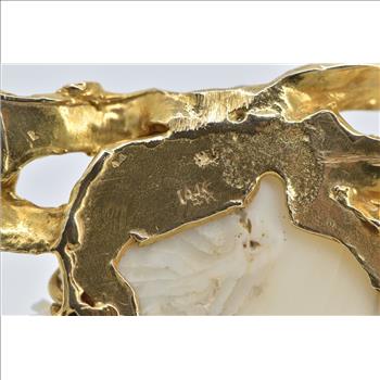 14K Ornate Carved Stone Agate Bird Dove Branch Yellow Gold Pin/Brooch