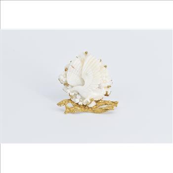 14K Ornate Carved Stone Agate Bird Dove Branch Yellow Gold Pin/Brooch