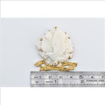 14K Ornate Carved Stone Agate Bird Dove Branch Yellow Gold Pin/Brooch