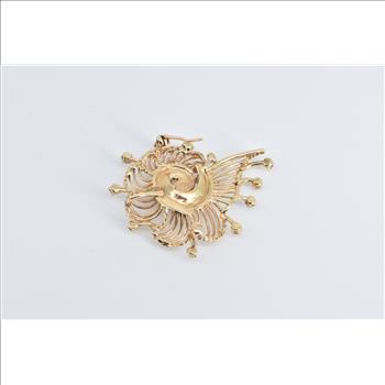 14K Ornate Diamond Filigree Scalloped Swirl Yellow Gold Pendant/Pin