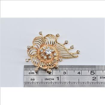 14K Ornate Diamond Filigree Scalloped Swirl Yellow Gold Pendant/Pin