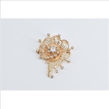 14K Ornate Diamond Filigree Scalloped Swirl Yellow Gold Pendant/Pin