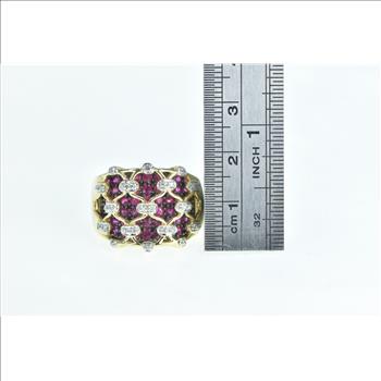 14K Ornate Diamond Ruby Lattice Statement Band Yellow Gold Ring, Size 8.5