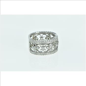 14K Ornate Diamond Scroll Filigree Statement Band White Gold Ring, Size 8
