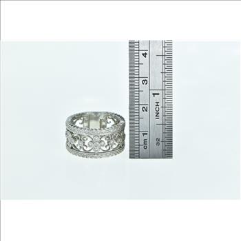 14K Ornate Diamond Scroll Filigree Statement Band White Gold Ring, Size 8