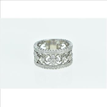 14K Ornate Diamond Scroll Filigree Statement Band White Gold Ring, Size 8