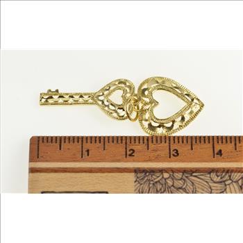 14K Ornate Filigree Heart Key Love Lock Motif Yellow Gold Charm/Pendant