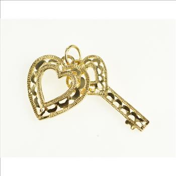 14K Ornate Filigree Heart Key Love Lock Motif Yellow Gold Charm/Pendant