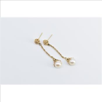 14K Ornate Filigree Pearl Fashion Dangle Yellow Gold Earrings