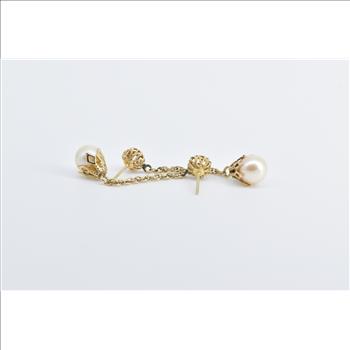 14K Ornate Filigree Pearl Fashion Dangle Yellow Gold Earrings