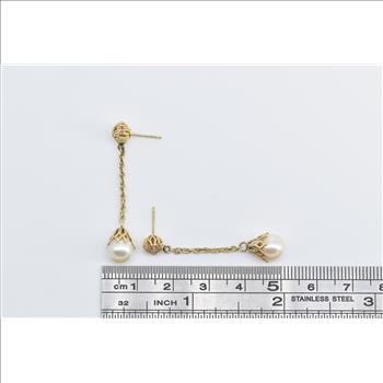 14K Ornate Filigree Pearl Fashion Dangle Yellow Gold Earrings