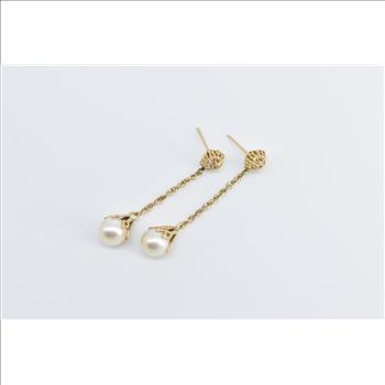 14K Ornate Filigree Pearl Fashion Dangle Yellow Gold Earrings