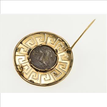 14K Ornate Greek Coin Wave Key Pattern Trim Yellow Gold Pin/Brooch