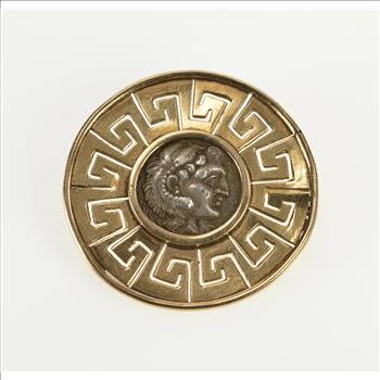 14K Ornate Greek Coin Wave Key Pattern Trim Yellow Gold Pin/Brooch