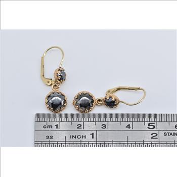 14K Ornate Hematite Round Dangle Statement Yellow Gold Earrings