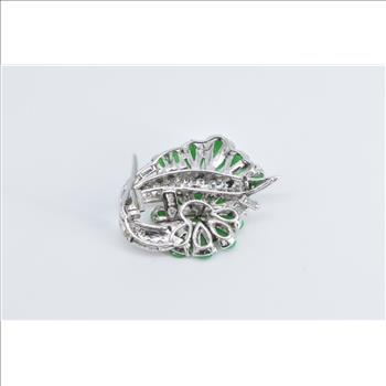 14K Ornate Jade Natural Diamond Flower Statement White Gold Pin/Brooch