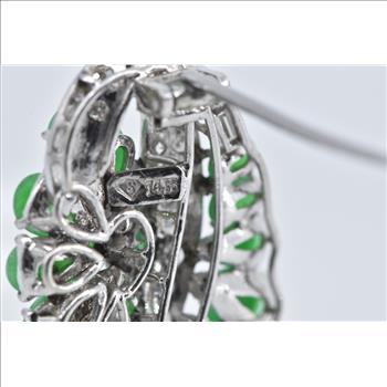 14K Ornate Jade Natural Diamond Flower Statement White Gold Pin/Brooch