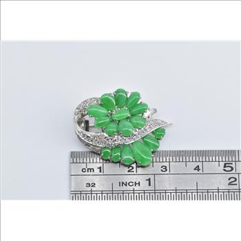14K Ornate Jade Natural Diamond Flower Statement White Gold Pin/Brooch