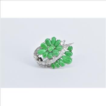 14K Ornate Jade Natural Diamond Flower Statement White Gold Pin/Brooch