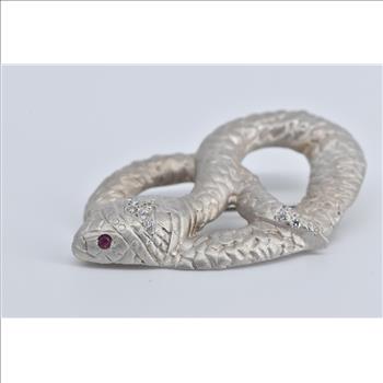 14K Ornate Natural Diamond Ruby Eye Snake Serpent White Gold Pin/Brooch