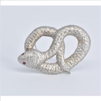 14K Ornate Natural Diamond Ruby Eye Snake Serpent White Gold Pin/Brooch
