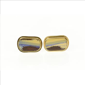14K Ornate Natural Raw Opal Inset Yellow Gold Cuff Links