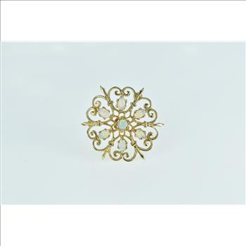 14K Ornate Opal Filigree Scroll Round Statement Yellow Gold Pendant/Pin