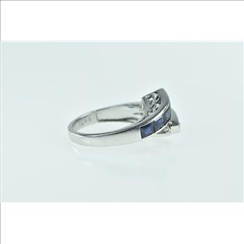 14K Ornate Princess Sapphire Diamond Bypass White Gold Ring, Size 5.25
