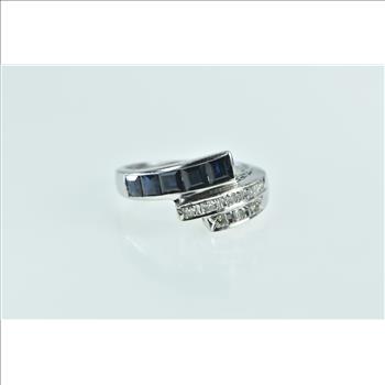 14K Ornate Princess Sapphire Diamond Bypass White Gold Ring, Size 5.25