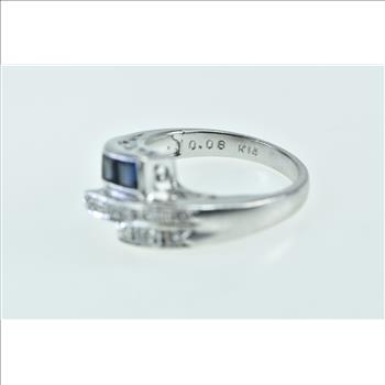 14K Ornate Princess Sapphire Diamond Bypass White Gold Ring, Size 5.25