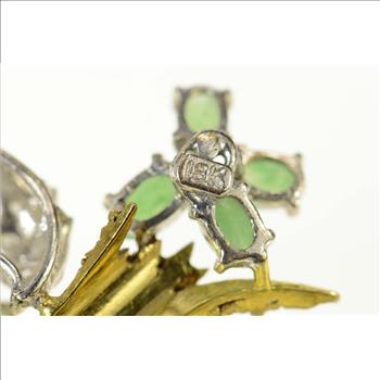 14K Ornate Retro Jade Diamond Tree Motif Yellow Gold Pin/Brooch
