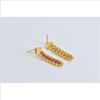 14K Ornate Ruby Rope Chain Dangle Fashion Yellow Gold Earrings