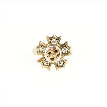 14K Ornate Sigma Nu Fraternity Snake Star Enamel Yellow Gold Ring, Size 4