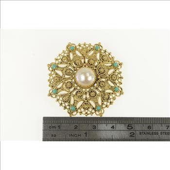 14K Ornate Turquoise Pearl Vintage Filigree Yellow Gold Pendant/Pin