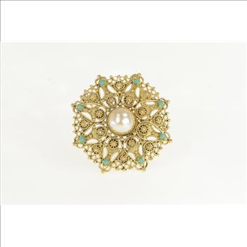 14K Ornate Turquoise Pearl Vintage Filigree Yellow Gold Pendant/Pin