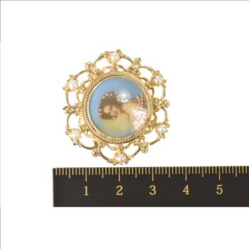14K Ornate Victorian Painted Lady Pearl Scroll Yellow Gold Pendant/Pin