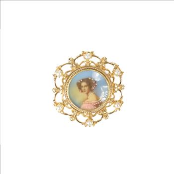 14K Ornate Victorian Painted Lady Pearl Scroll Yellow Gold Pendant/Pin