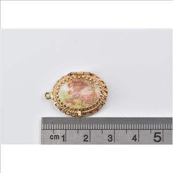 14K Ornate Victorian Scene Ceramic Photo Locket Yellow Gold Charm/Pendant