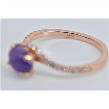 14K Oval Amethyst Cabochon Diamond Bypass Rose Gold Ring, Size 7.25