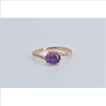 14K Oval Amethyst Cabochon Diamond Bypass Rose Gold Ring, Size 7.25