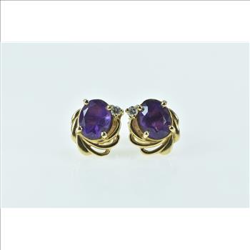 14K Oval Amethyst Diamond Accent Swirl Stud Yellow Gold Earrings