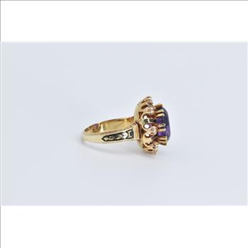 14K Oval Amethyst Diamond Halo Ornate Cocktail Yellow Gold Ring, Size 6.5