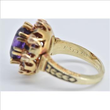 14K Oval Amethyst Diamond Halo Ornate Cocktail Yellow Gold Ring, Size 6.5