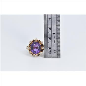 14K Oval Amethyst Diamond Halo Ornate Cocktail Yellow Gold Ring, Size 6.5