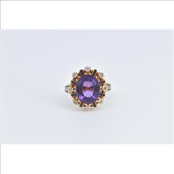 14K Oval Amethyst Diamond Halo Ornate Cocktail Yellow Gold Ring, Size 6.5