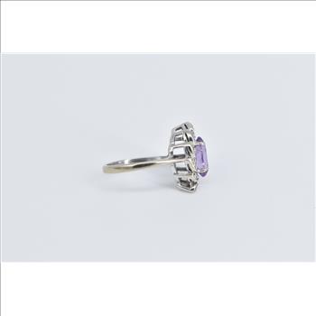 14K Oval Amethyst Diamond Halo Swirl Cluster White Gold Ring, Size 5.5